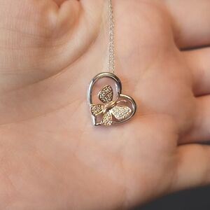 14k White And Rose Gold Butterfly Heart Pendant Necklace